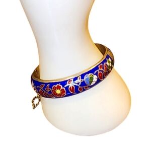 Vintage Cloisonné Blue Enamel Flower Hinged Bangle Bracelet